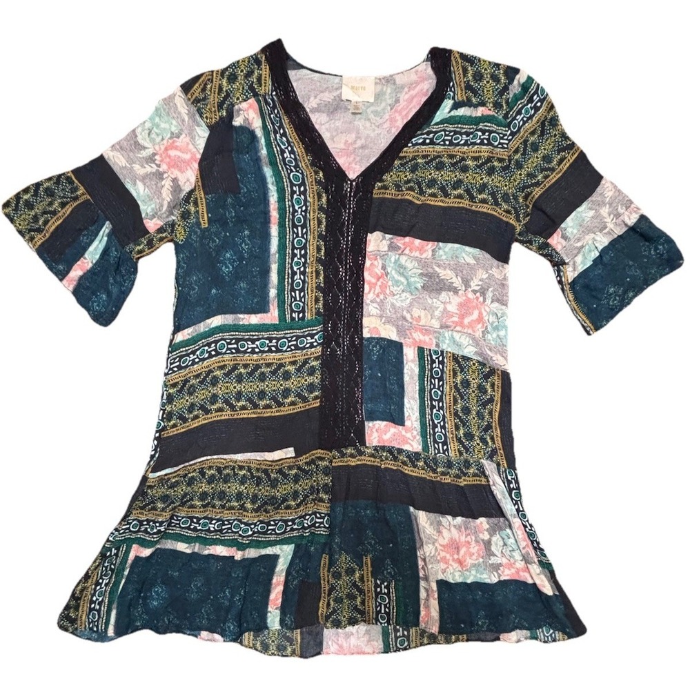 Anthropologie Maeve Boho Patchwork Tunic Top V-Neck Crochet Trim Sz‎ S